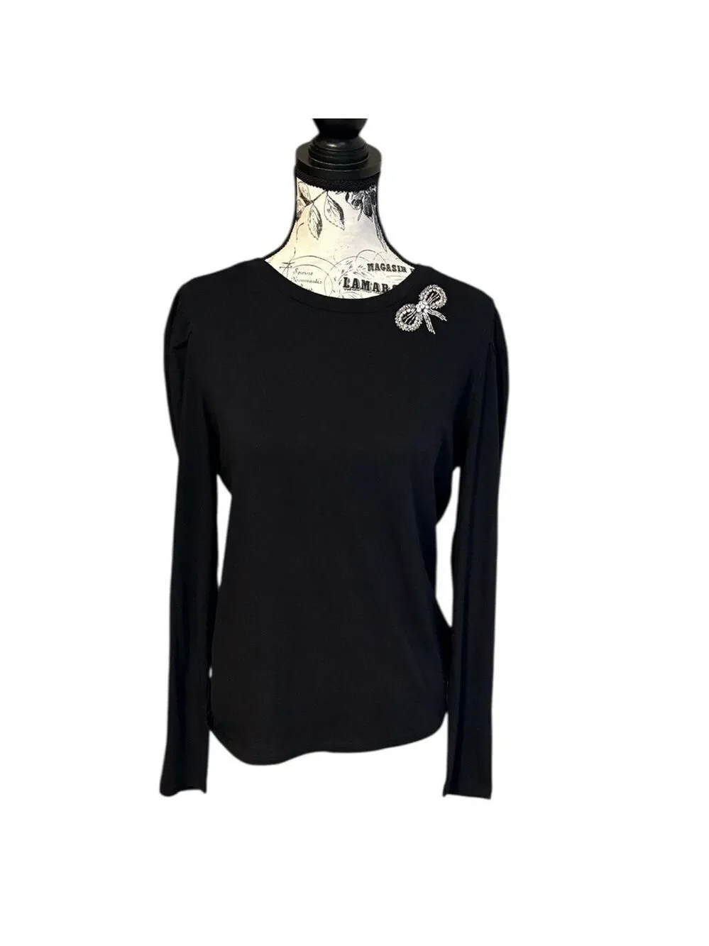 LOFT Black Tee Long Sleeve Silver Bead Bow Embellishment Size M New